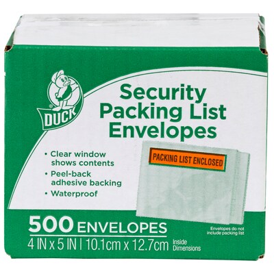 Duck 4.5 in. x 5.5 in. Security "Packing List Enclosed" Envelopes, Clear Window, 500/Box (394743)