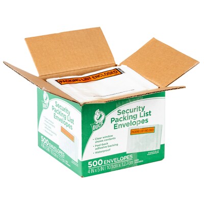Duck 4.5 in. x 5.5 in. Security "Packing List Enclosed" Envelopes, Clear Window, 500/Box (394743)