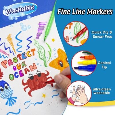 BAZIC Products Washable Marker, Fine Line, Assorted Colors, 10 Per Pack, 24 Packs (BAZ1264-24)