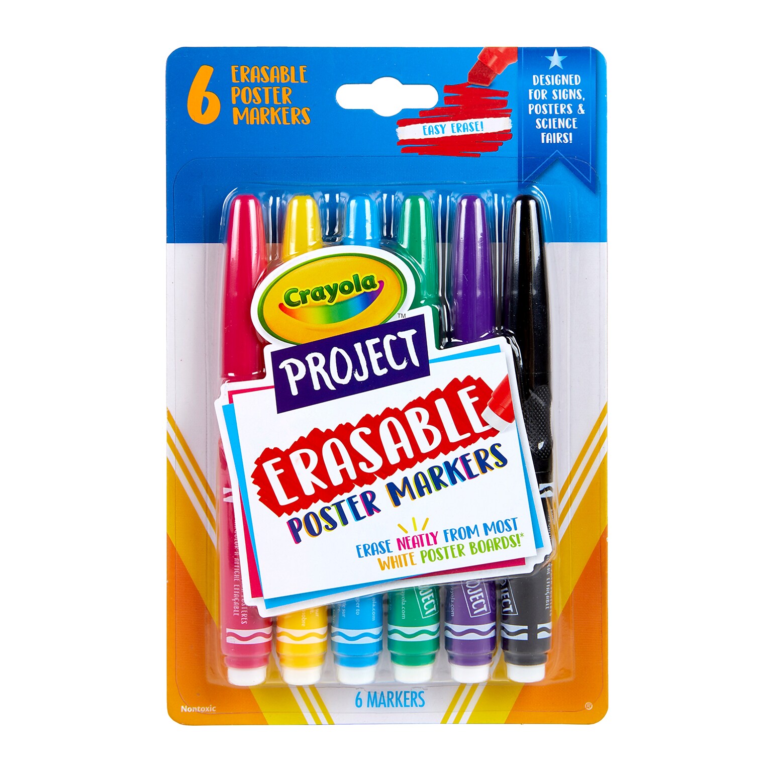 Crayola Project Erasable Poster Markers, Chisel Tip, Assorted Colors, Pack of 6 (BIN588371)