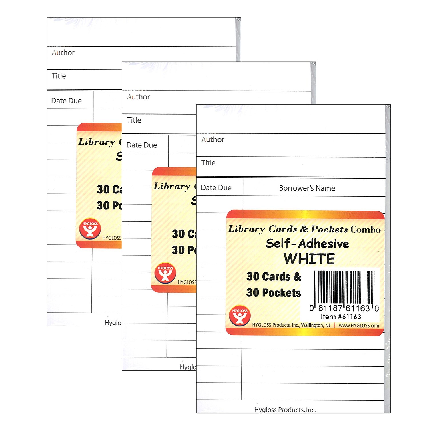 Hygloss Library Cards & Self-Adhesive Pockets Combo, White, 30 Each/60 Pieces Per Pack, 3 Packs (HYG61163-3)
