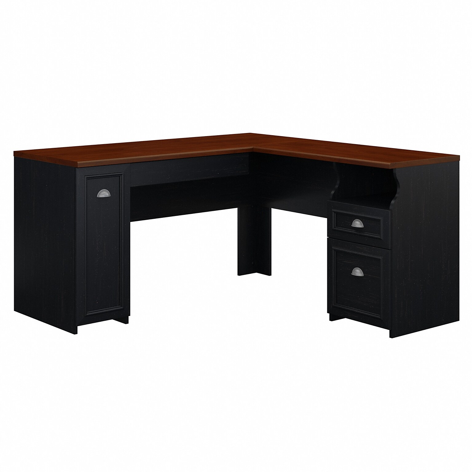 Bush Furniture Fairview 60W L Shaped Desk with Drawers and Storage Cabinet, Antique Black/Hansen Cherry (WC53930-03K)