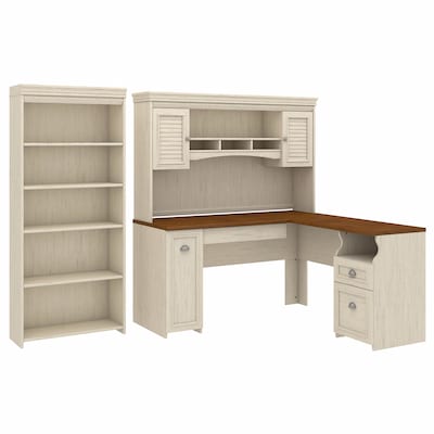 Bush Furniture Fairview 60 W L Shaped Desk with Hutch and 5 Shelf Bookcase Bundle, Antique White (F