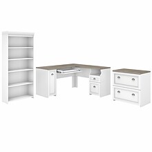 Bush Furniture Fairview 60W L Shaped Desk with Lateral File Cabinet and 5 Shelf Bookcase, Shiplap G