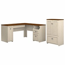 Bush Furniture Fairview 60W L Shaped Desk and 2 Door Storage Cabinet with File Drawer, Antique Whit