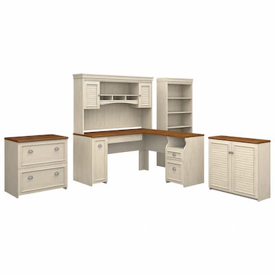 Bush Furniture Fairview 60W L Shaped Desk with Hutch, File Cabinet, Bookcase and Storage, Antique W