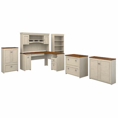 Bush Furniture Fairview 60W L Shaped Desk with Hutch, Bookcase, Storage and File Cabinets, Antique