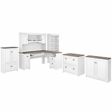 Bush Furniture Fairview 60W L Shaped Desk with Hutch, Bookcase, Storage and File Cabinets, Shiplap