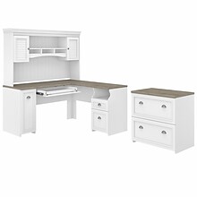 Bush Furniture Fairview 60W L Shaped Desk with Hutch and Lateral File Cabinet, Shiplap Gray/Pure Wh