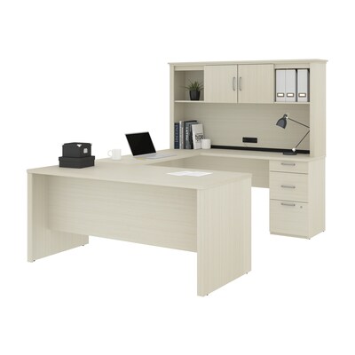 Bestar Logan 66W U or L-Shaped Executive Office Desk with Pedestal and Hutch, White Chocolate (4641