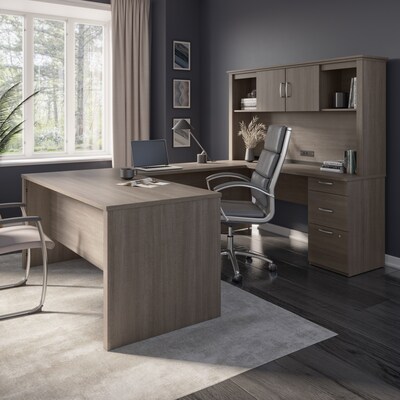 Bestar Logan 66"W U or L-Shaped Executive Office Desk with Pedestal and Hutch, Bark Grey (46410-47)