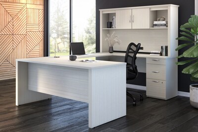 Bestar Logan 66"W U or L-Shaped Executive Office Desk with Pedestal and Hutch, White Chocolate (46410-31)