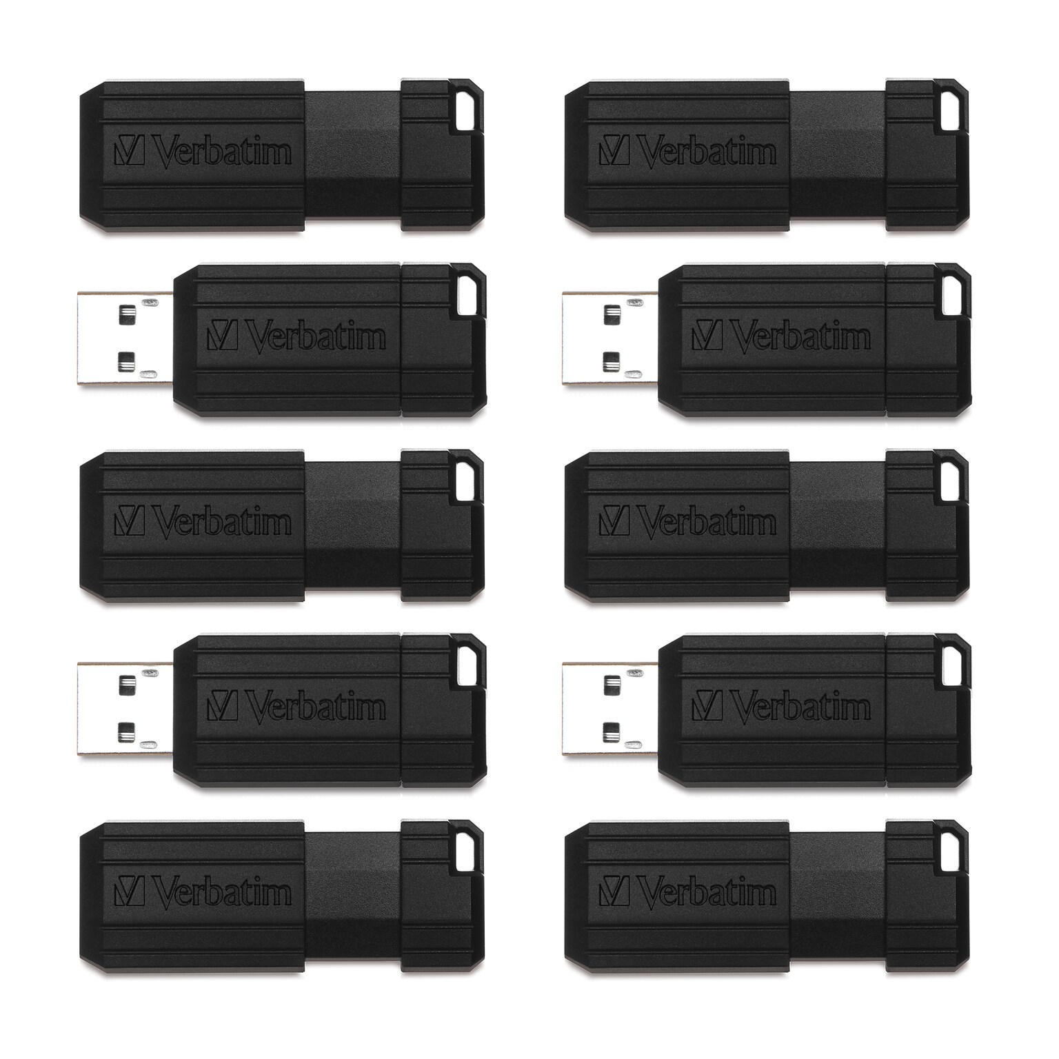 Verbatim PinStripe 32GB USB 2.0 Type A Flash Drive, Black, 10/Pack (70062)
