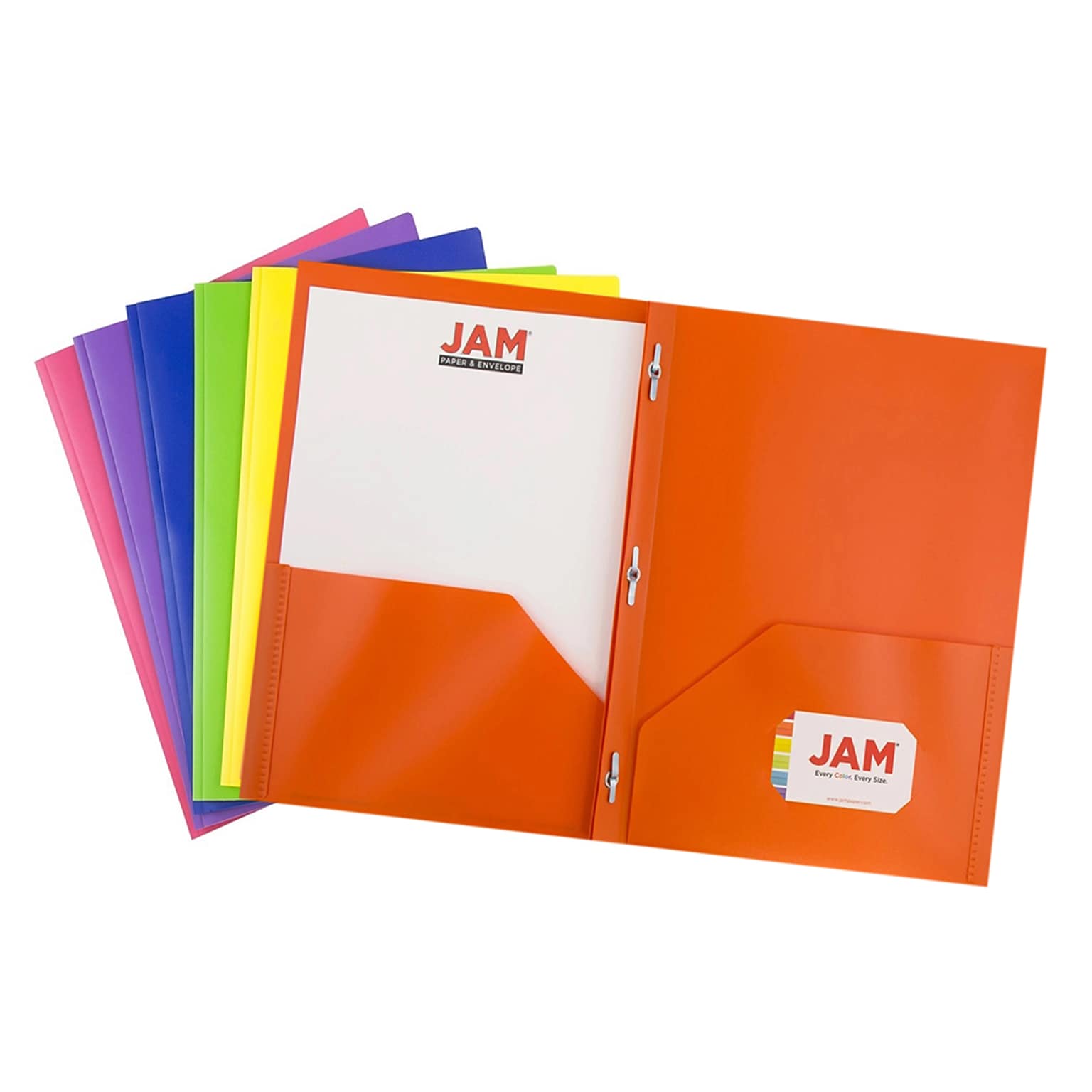 JAM Paper 2-Pocket Plastic Folders with Fastener Clasps, Multicolored, Assorted Primary Colors, 6/Pack (382ECbgypofu)