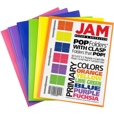 JAM Paper 2-Pocket Plastic Folders with Fastener Clasps, Multicolored, Assorted Primary Colors, 6/Pa