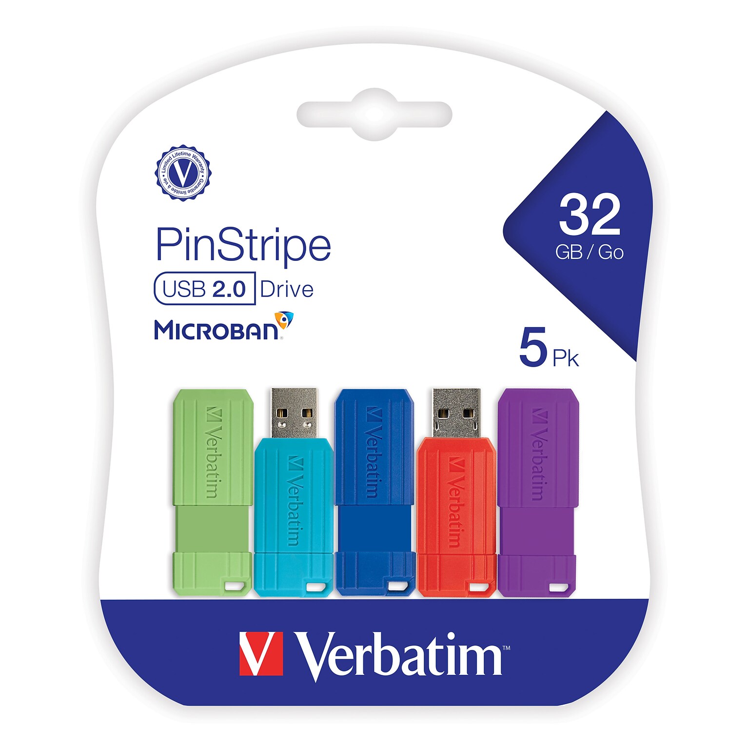 Verbatim PinStripe 32GB USB 2.0 Type-A Flash Drive, Assorted Colors, 5/Pack (70055)