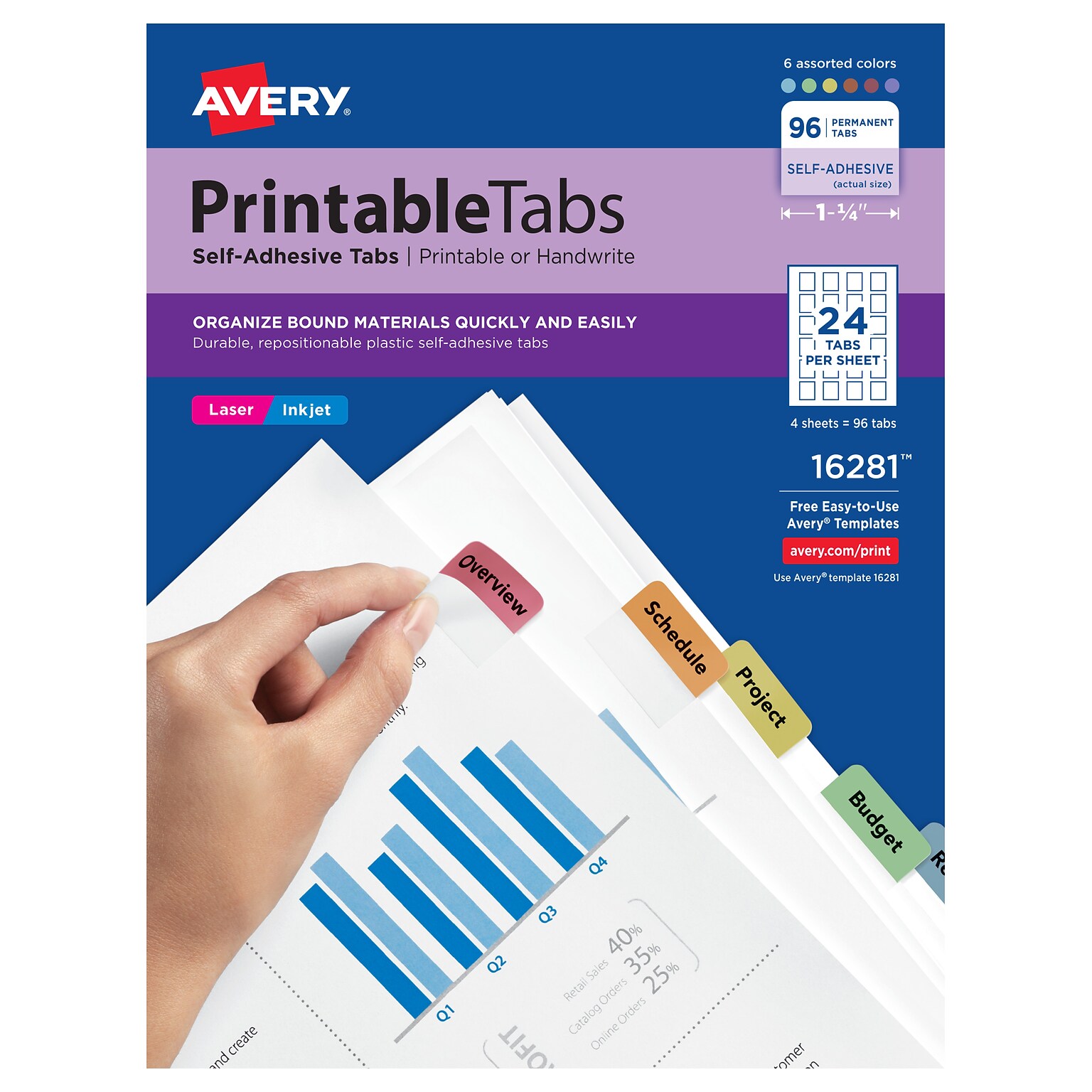 Avery Printable Self-Adhesive Plastic Tabs, 1-1/4, Assorted Colors, 96/Pack (16281)