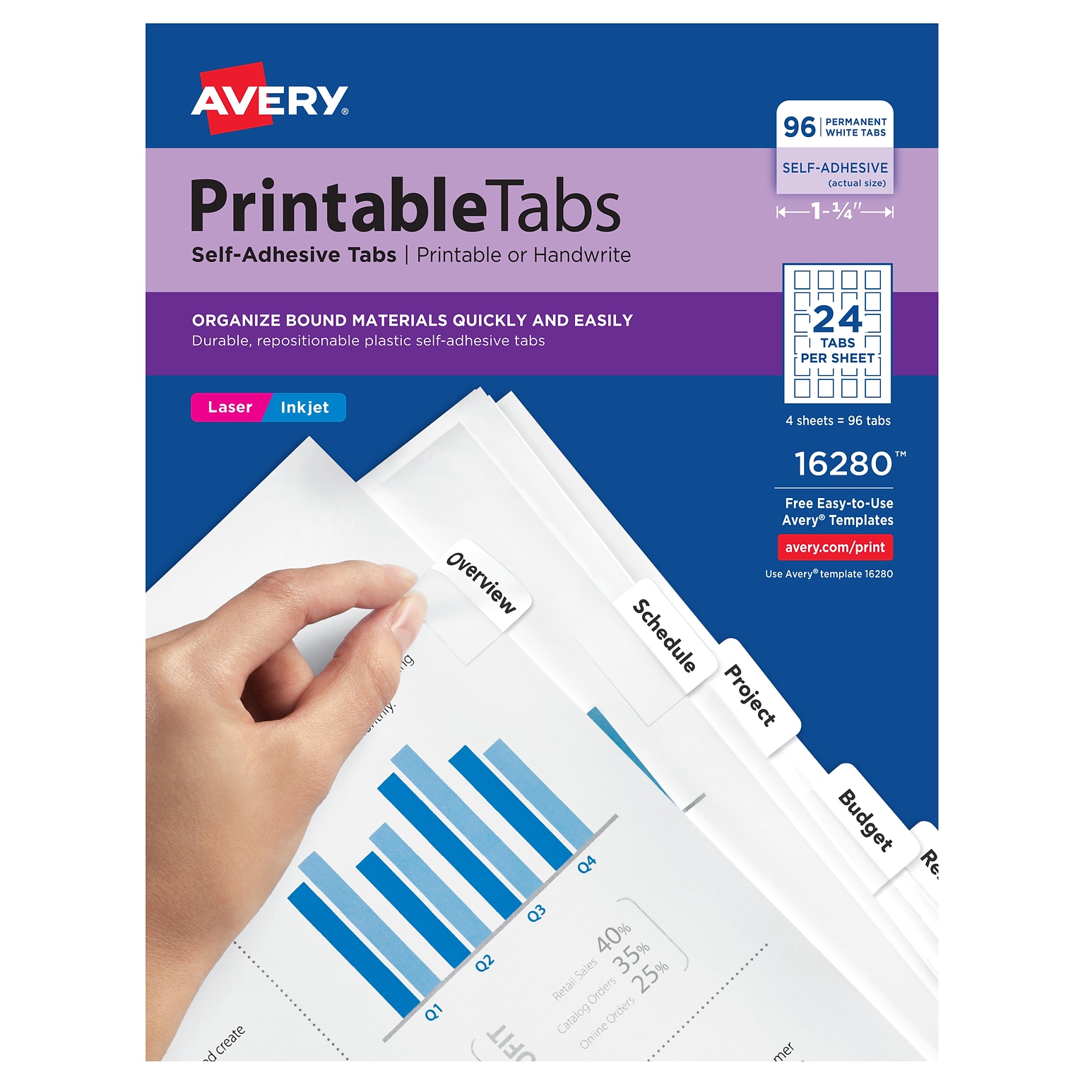 Avery Printable Self-Adhesive Plastic Tabs, 1-1/4, White, 96/Pack (16280)