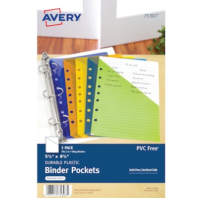 Avery Mini Binder Pockets for 5 1/2 x 8 1/2 Paper, Assorted Colors, 5/Pack (75307)