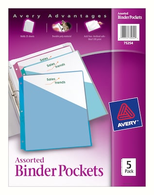 Avery Poly Binder Pocket, 3-Hole Punched, Assorted Colors, 5/Pack (75254)
