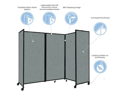 Versare The Room Divider 360 Freestanding Mobile Partition, 72H x 168W, Charcoal Gray Fabric (1172