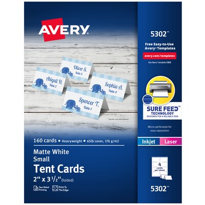 Avery Small Tent Cards, 2 x 3.5, Matte White, Inkjet/Laser, 160/Pack (05302)
