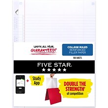 Five Star Reinforced College Ruled Filler Paper, 8.5 x 11, 100 Sheets/Pack (17102/17010)