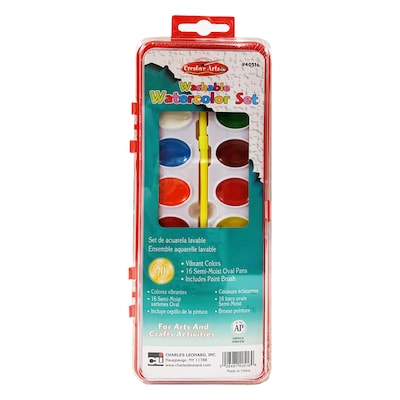 Charles Leonard Washable Water Color Set, Oval Pan w/Brush, 16 Assorted Colors, 12 Sets (CHL40516-12)