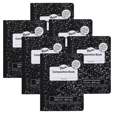 Pacon® Composition Book with Dry Erase Surfaces, 3/8 Ruled, 100 Sheets, Black Marble, Pack of 6 (PA
