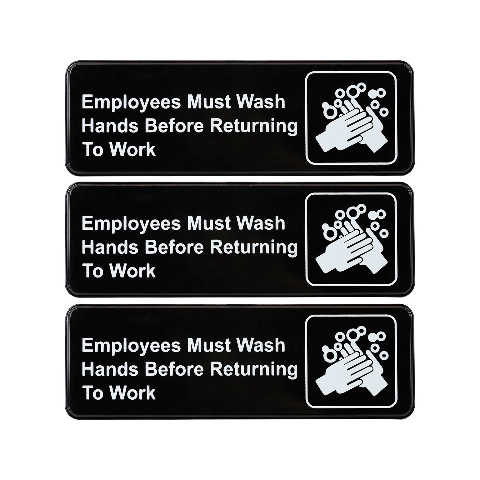 Excello Global Products Employees Must Wash Hands Indoor Wall Sign, 9 x 3, Black/White, 3/Pack (EGP-HD-0049-S)