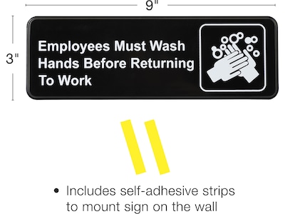 Excello Global Products Employees Must Wash Hands Indoor Wall Sign, 9" x 3", Black/White, 3/Pack (EGP-HD-0049-S)