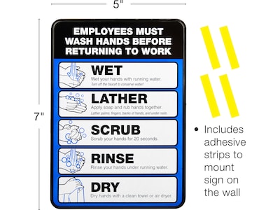 Excello Global Products Employees Must Wash Hands Indoor Wall Sign, 5" x 7", Multicolor, 2/Pack (EGP-HD-0171-S)