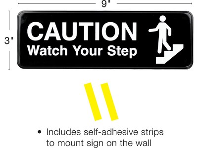 Excello Global Products Caution Watch Your Step Indoor/Outdoor Wall Sign, 9 x 3, Black/White, 3/Pa