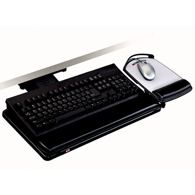 3M Knob Adjust Keyboard Tray, 26.75 x 10.5 Adjustable Platform, 17.75 Track, Black, Wrist Rest an