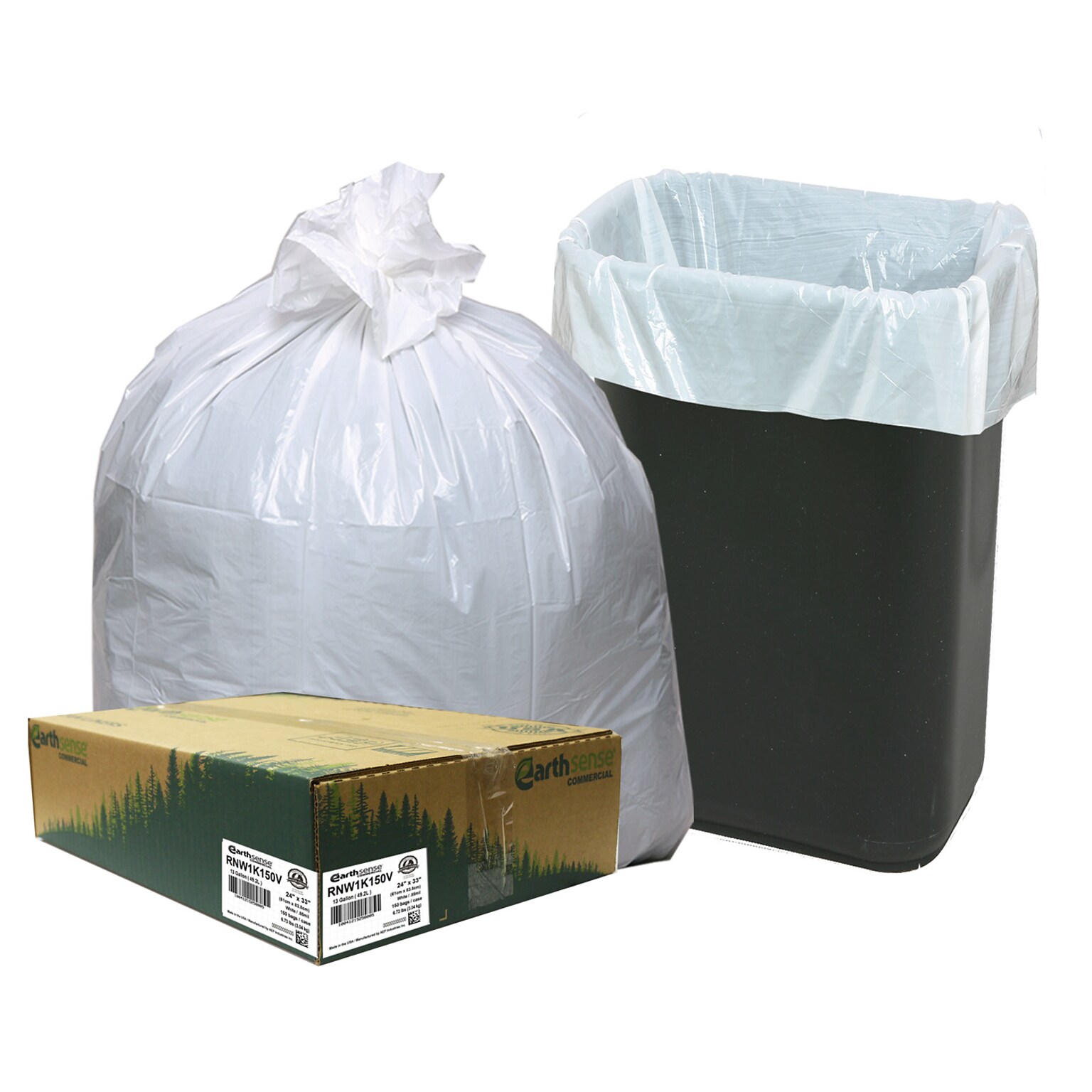 Berry Global Earthsense 13 Gallon Trash Bag, 24 x 33, Low Density, 0.85 mil, White, 150 Bags/Box (RNW1K150V-43228)