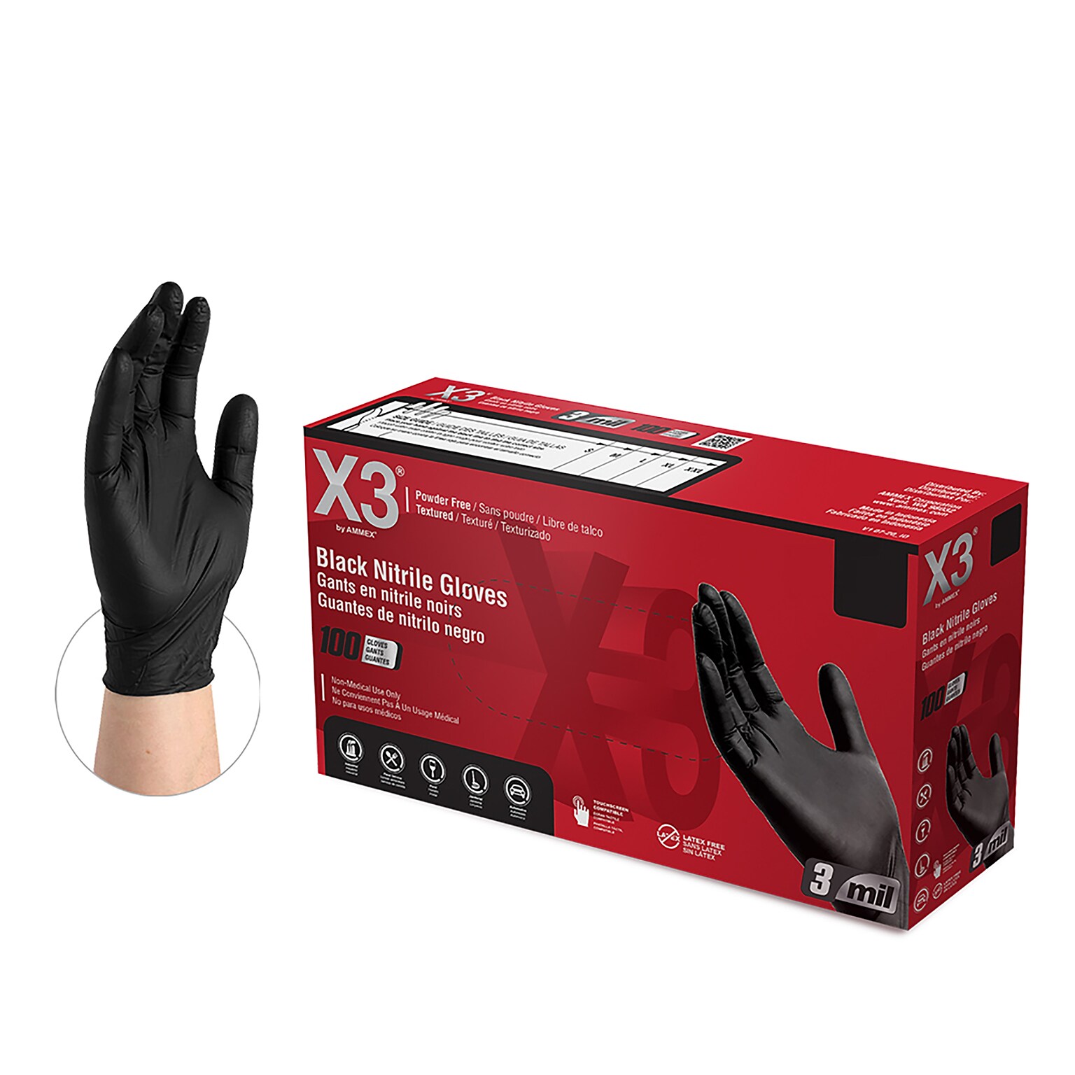 X3 Powder-Free Nitrile Gloves, Latex Free, 2XL, Black, 100/Box (BX349100)