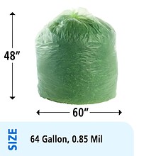Stout EcoSafe-6400 64 Gallon Compostable Industrial Trash Bag, 48 x 60, Low Density, 0.85 mil, Gre
