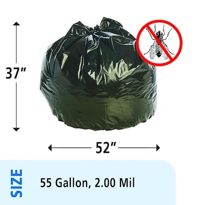 Stout Insect Repellent 55 Gallon Industrial Trash Bag, 37 x 52, Low Density, 2 mil, Black, 65 Bags