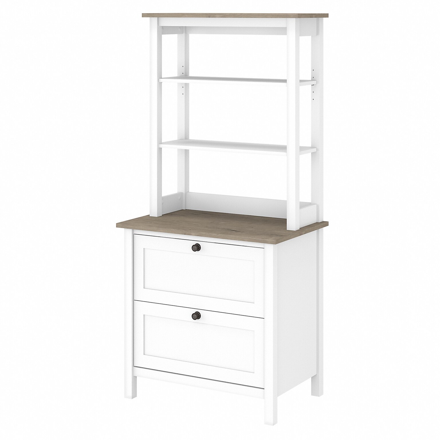 Bush Mayfield 66 2-Shelf Standard Bookcase with Drawers and Adjustable Shelf, Pure White/Shiplap Gray (MAY018GW2)