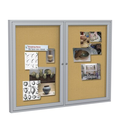 Ghent 4' H x 5' W Enclosed Natural Cork Bulletin Board with Satin Frame, 2 Door (PA24860K)