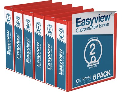 Davis Group Easyview Premium 2 3-Ring View Binders, Red, 6/Pack (8413-03-06)
