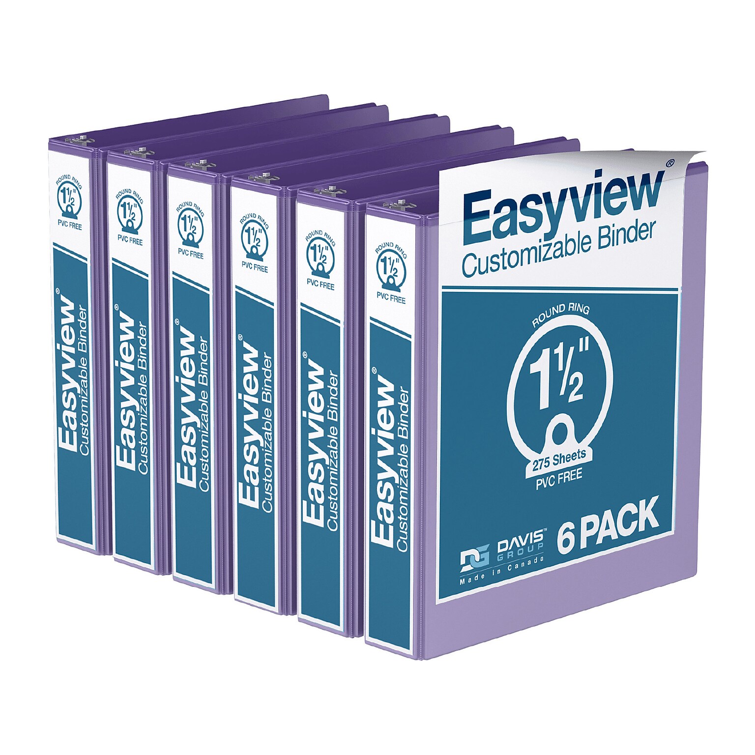Davis Group Easyview Premium 1 1/2 3-Ring View Binders, Purple, 6/Pack (8412-69-06)