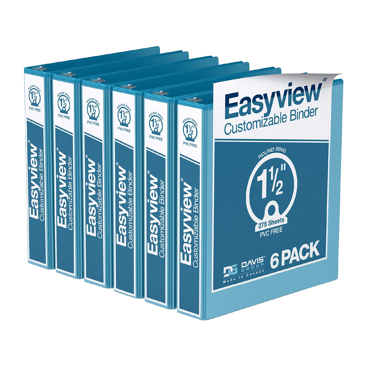 Davis Group Easyview Premium 1 1/2 3-Ring View Binders, Turquoise Blue, 6/Pack (8412-52-06)