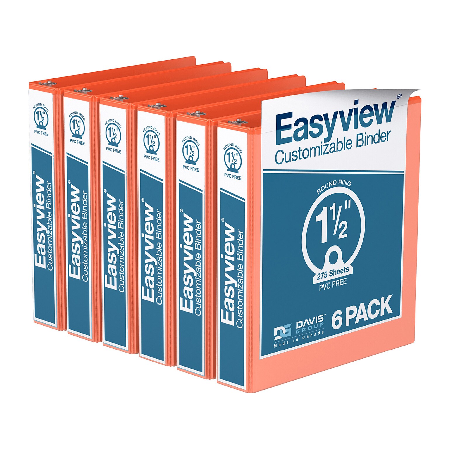 Davis Group Easyview Premium 1 1/2 3-Ring View Binders, Orange, 6/Pack (8412-19-06)