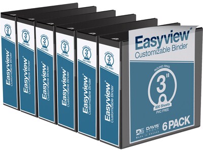 Davis Group Easyview Premium 3 3-Ring View Binders, Black, 6/Pack (8414-01-06)