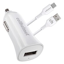 cellhelmet Single-USB Car Charger with USB-C to USB-A Round Cable, 3 ft., 2.4-Amp, White (CAR-2.4A+C