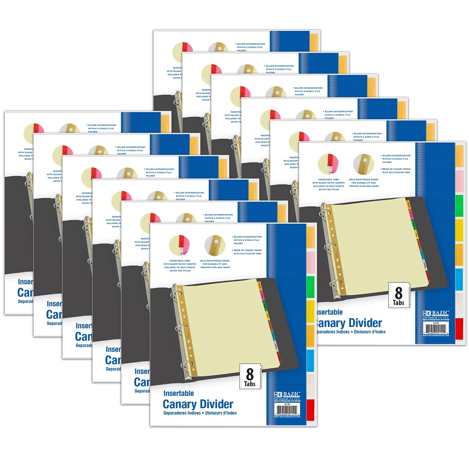 BAZIC Canary Paper Dividers with 8 Insertable Tabs, 11 x 9, Assorted Tab Colors, 8 Per Pack, 12 Packs (BAZ2151-12)