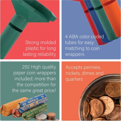Nadex Coins 252 Coin Wrappers with Coin-Sorter Tubes, Assorted Colors (NCS8-1006-252)
