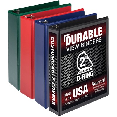 Samsill Durable View Ring Binders 3 D-Ring, Black, Blue, Red, Green, 4 Pack (MP46468)