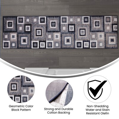 Flash Furniture Gideon Collection Olefin and Cotton 84" x 24" Runner Machine Made Rug, Blue/Gray/White (OKH7146ATUR27BL)